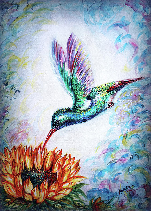 Sunflower Painting - Hummingbird - Sunflower by Harsh Malik
