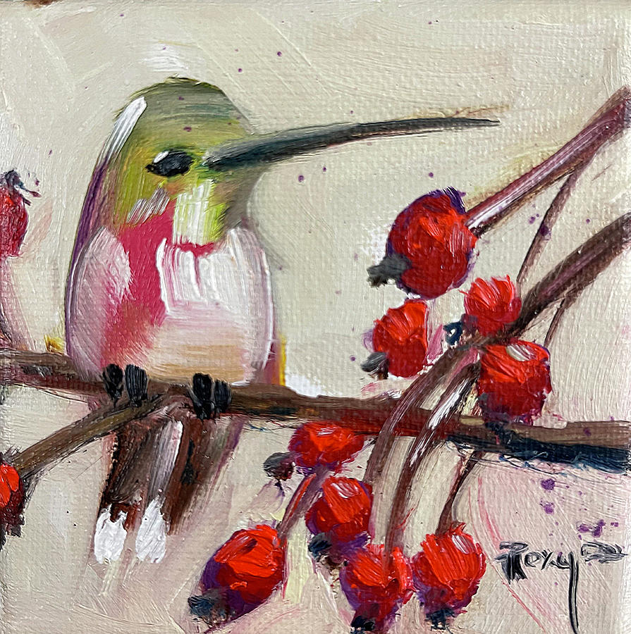 Hummingbird with Berries Painting by Roxy Rich