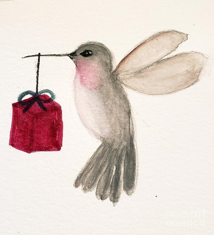 Hummingbird with Christmas Present Painting by Margaret Welsh Willowsilk