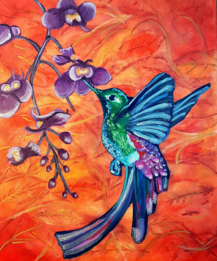 Hummingbird with Flower Painting by Rose Lewis