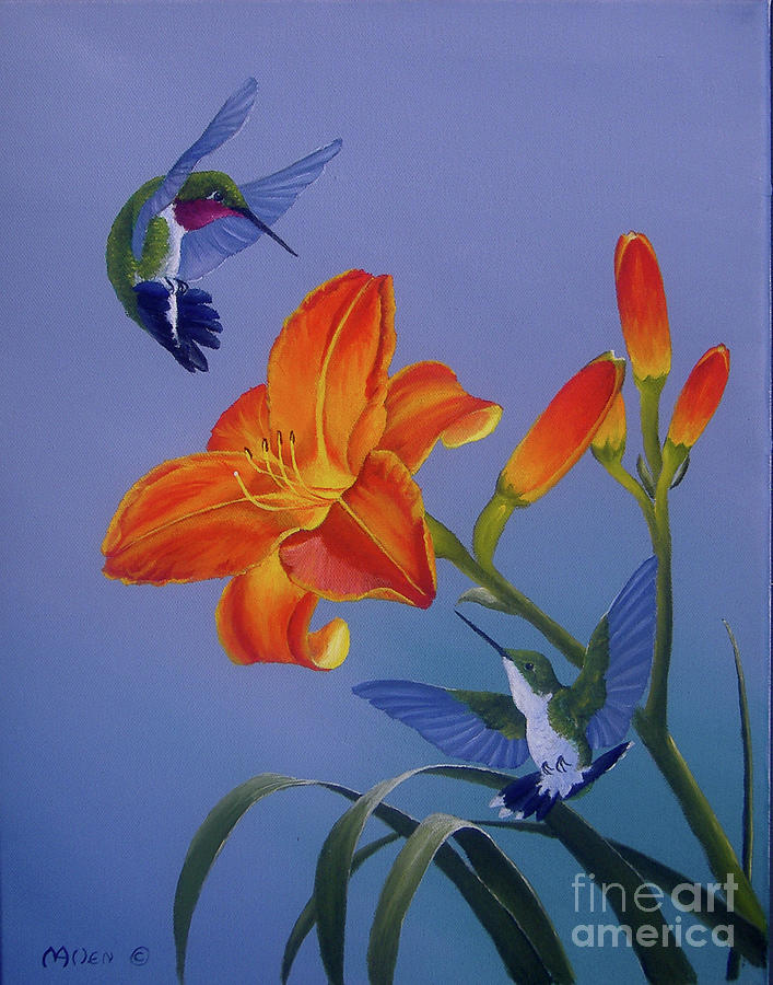Hummingbirds and Daylilies Painting by Michael Allen
