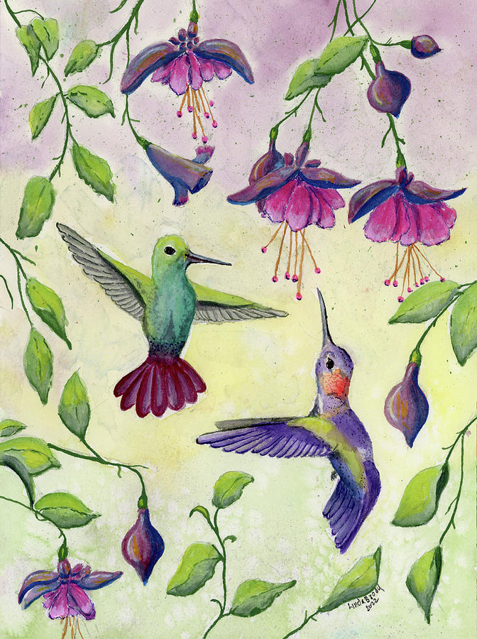 Hummingbirds and Fuschia Flowers Painting by Linda Brody