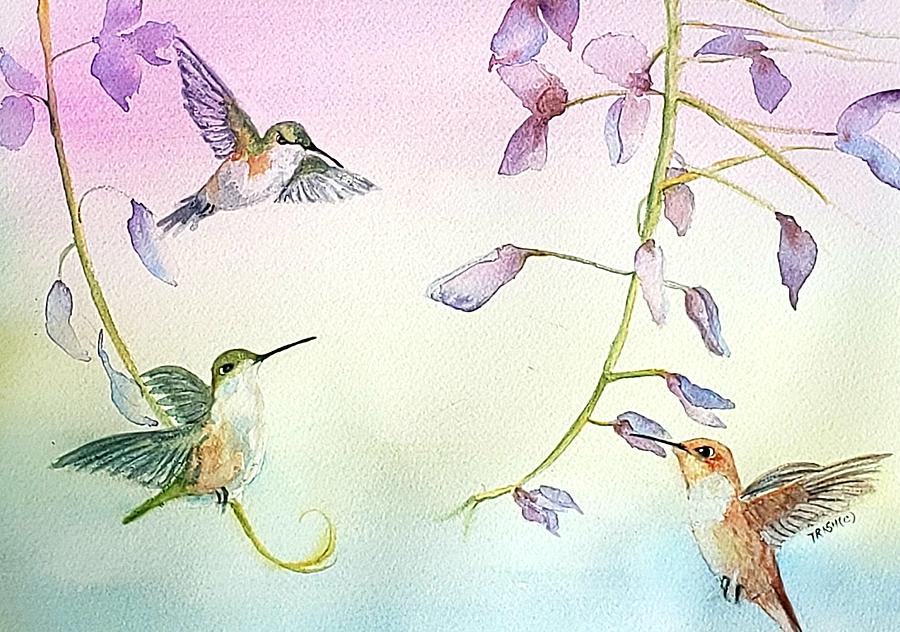 Lilacs Painting - Hummingbirds and lilac by Patricia Pushaw