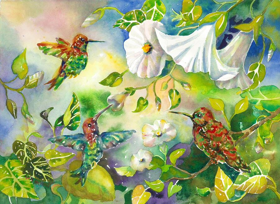 Hummingbirds and Morning Glories Painting by Ann Nicholson