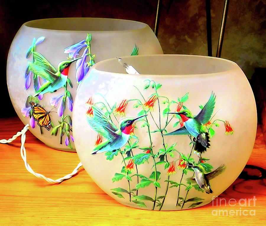 Hummingbirds Butterfly And Flower Covered Vases Liquid Color Effect Photograph