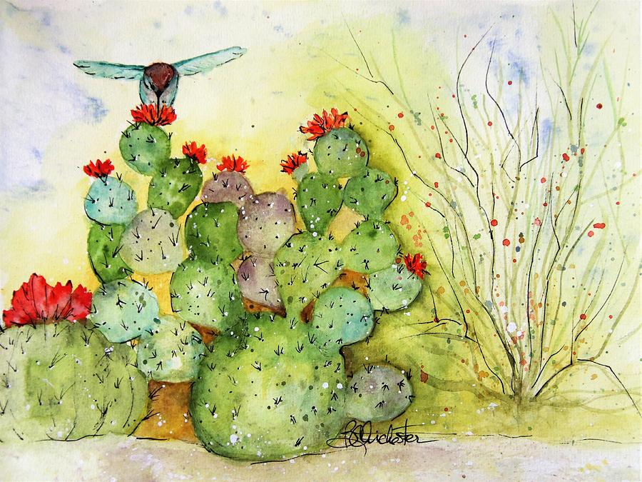 Hummingbirds Cactus Garden Painting by Barbara Chichester