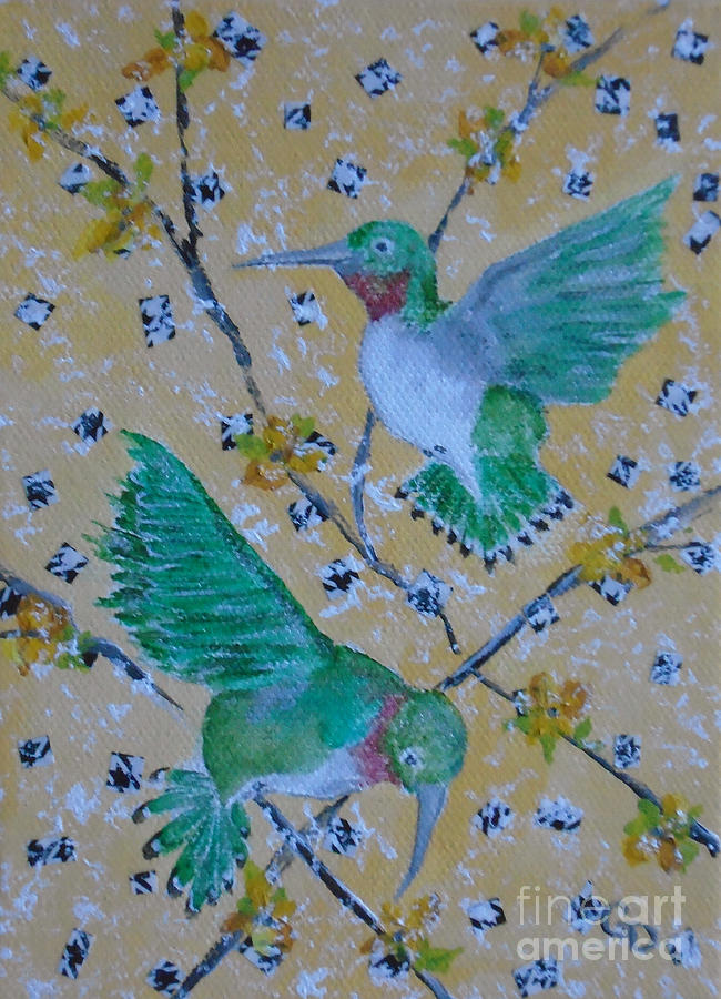 Bird Painting - Hummingbirds in Forsythia by Georgia Donovan