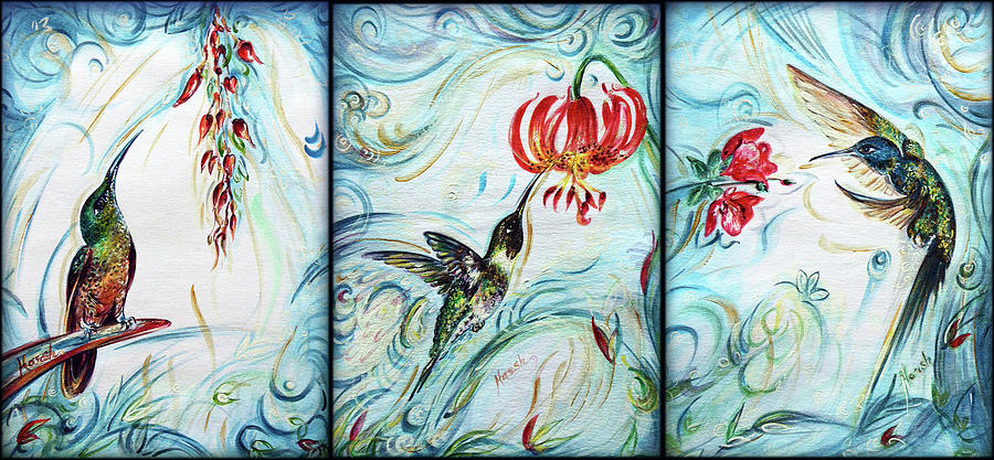 Flower Painting - Hummingbirds trio jewel in nature 2 by Harsh Malik