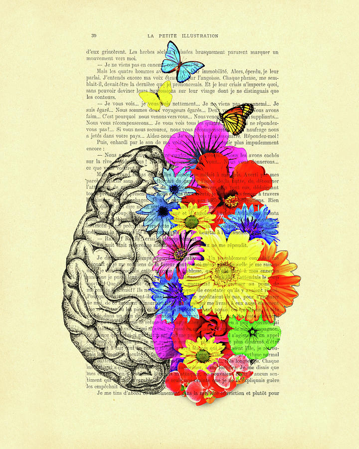 Flower Mixed Media - Human brain with colorful flowers and butterflies on book page by Madame Memento