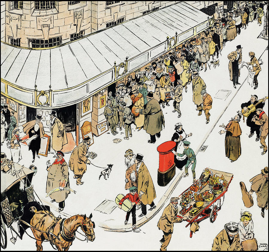 At the play - People standing in line for theater tickets on a London street  Drawing by Tony Sarg
