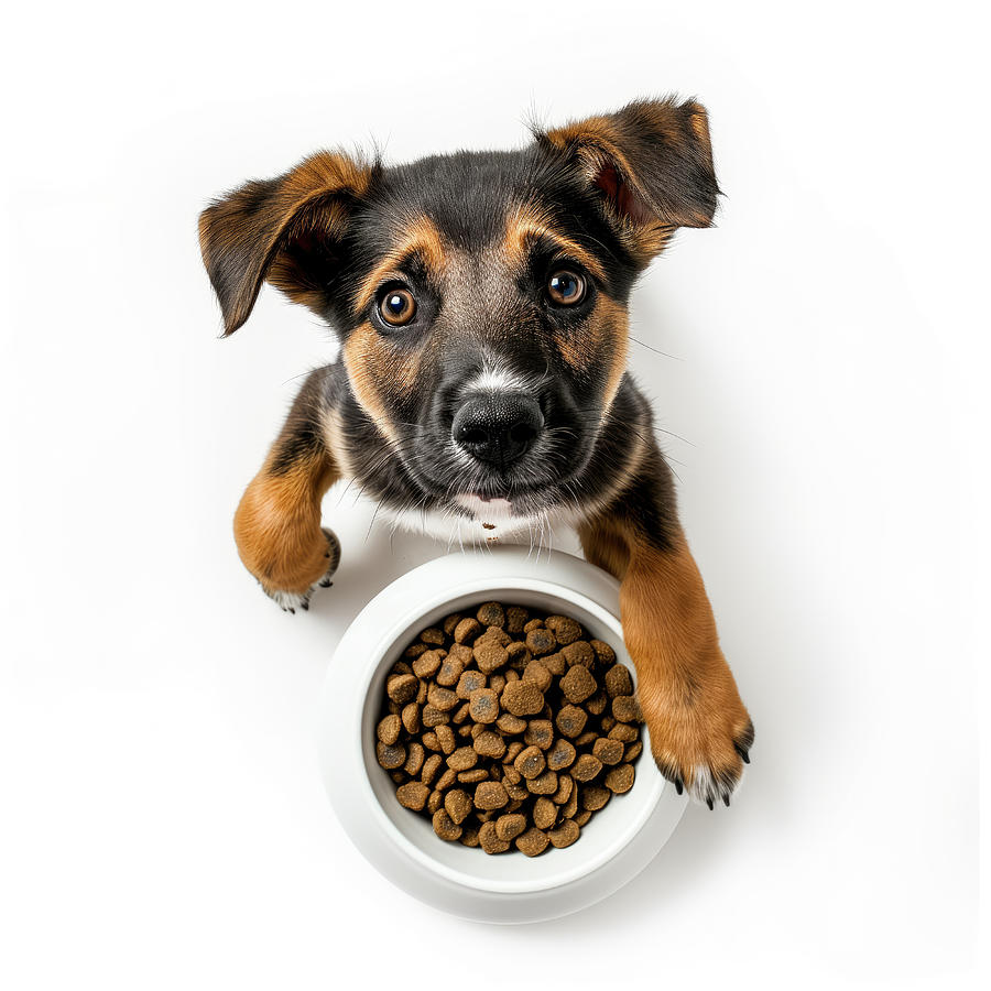 Dog Digital Art - Hungry Puppy With Bowl of Kibble Food - Top Down View by Good Focused