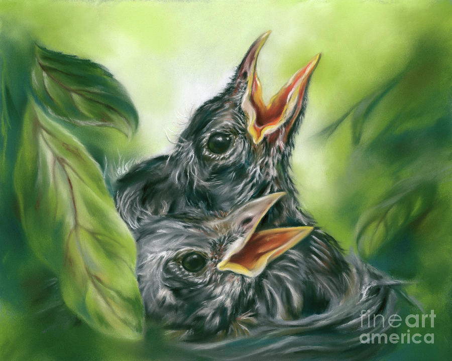 Hungry Robin Chicks in the Nest Painting by MM Anderson