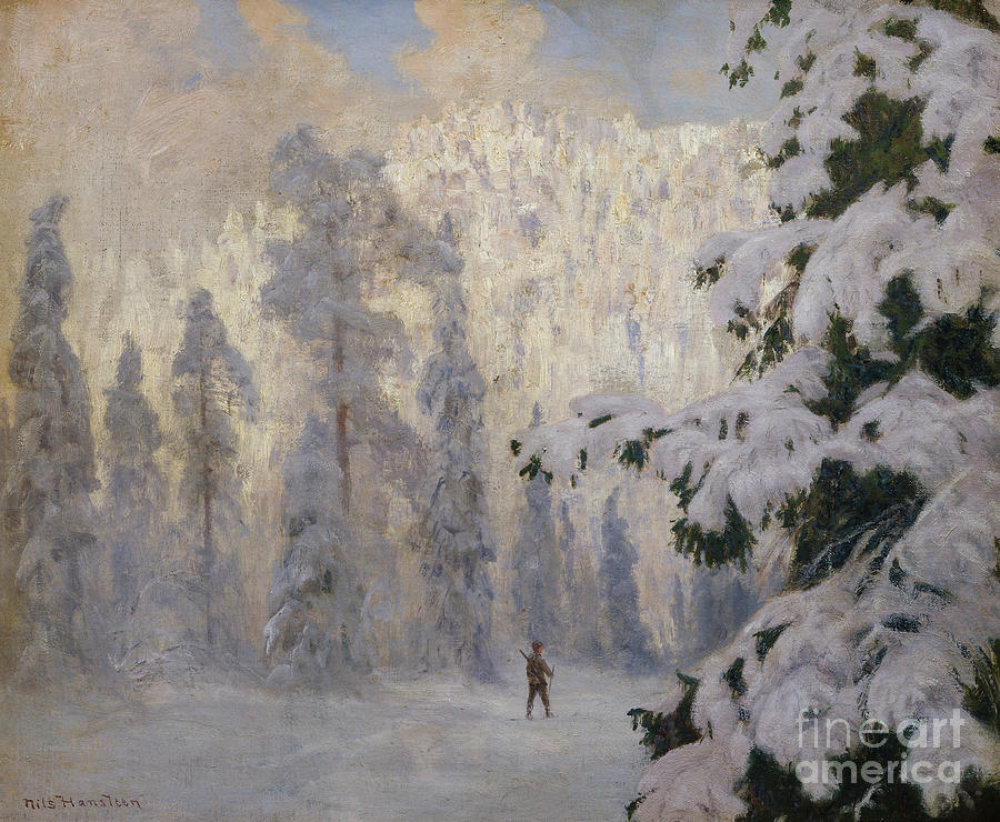 Nils Hansteen Painting - Hunter skiing in winter landscape by O Vaering by Nils Hansteen