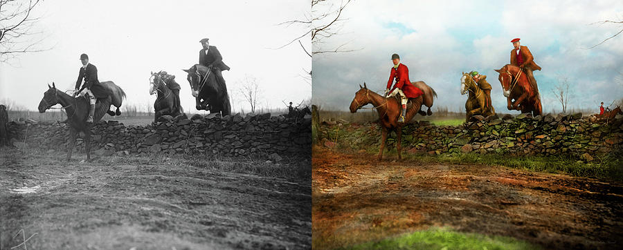 Hunter - The fox hunt 1921 - Side by Side Photograph by Mike Savad