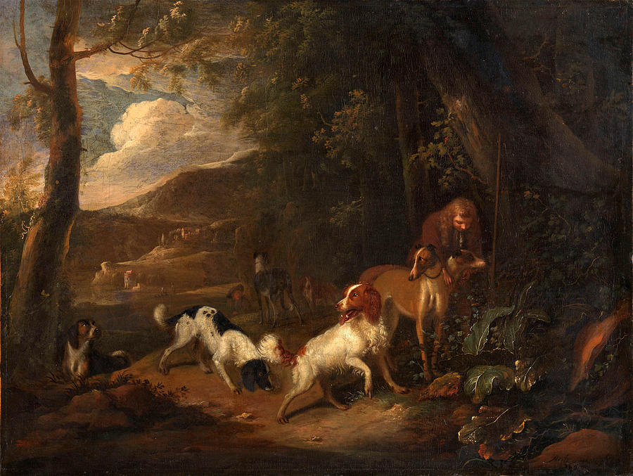 Hunter with hounds at the edge of a wood  Painting by Adriaen Cornelisz Beeldemaker