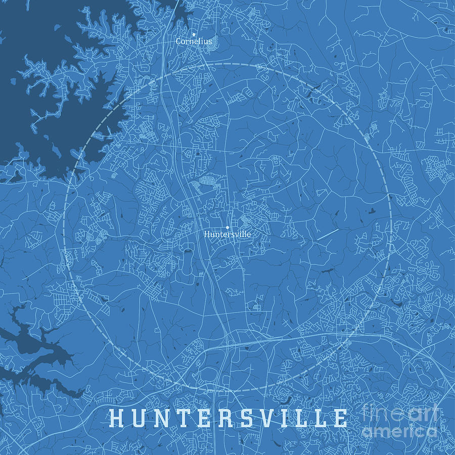 Map Digital Art - Huntersville NC City Vector Road Map Blue Text by Frank Ramspott