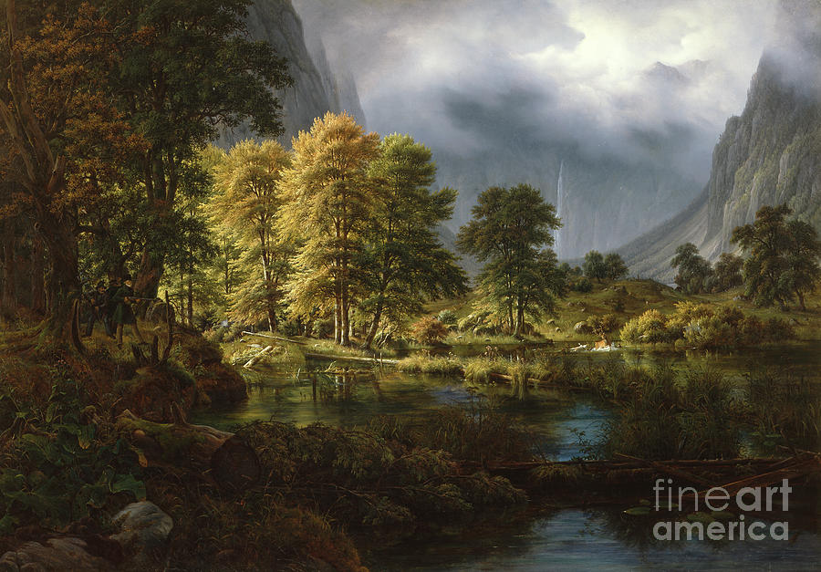 The hunt near Koenigssee, 1832 Painting by O Vaering by Thomas Fearnley
