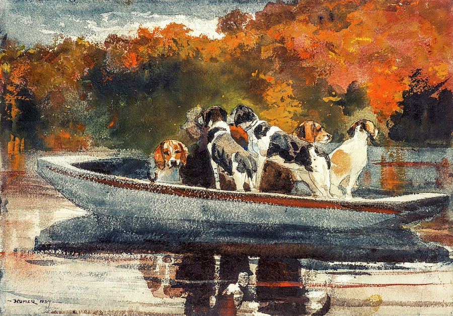 Hunting Dogs in Boat by Winslow Homer  Painting by Winslow Homer