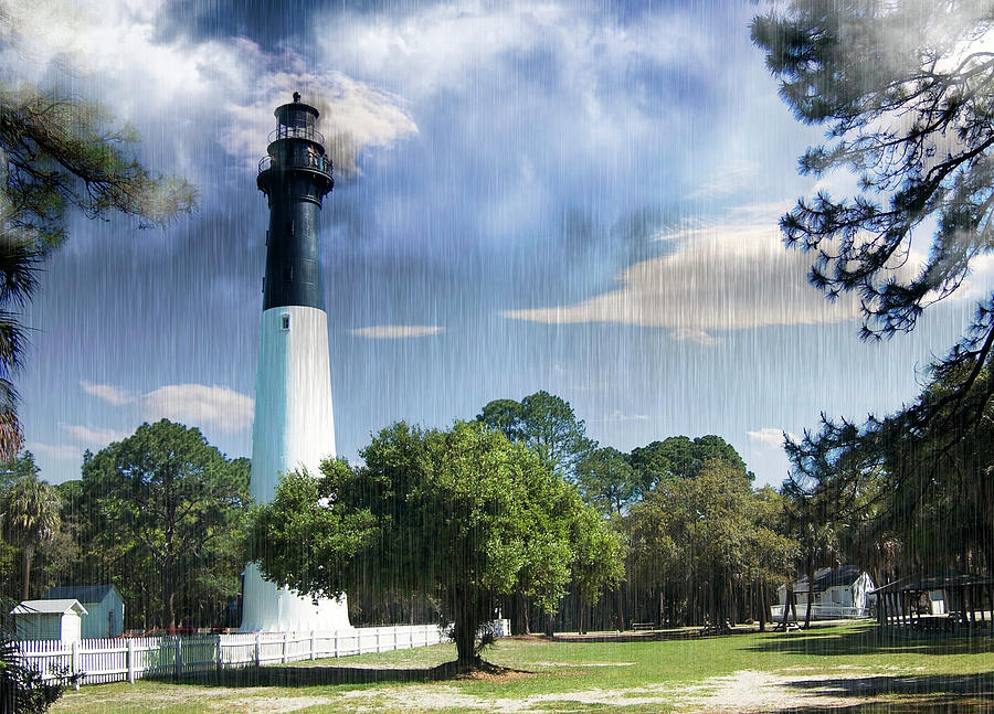 Hunting Island Lighthouse Rain Mixed Media by Bob Pardue