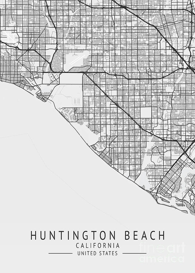 Huntington Beach - California US Gray City Map Digital Art by Tien ...