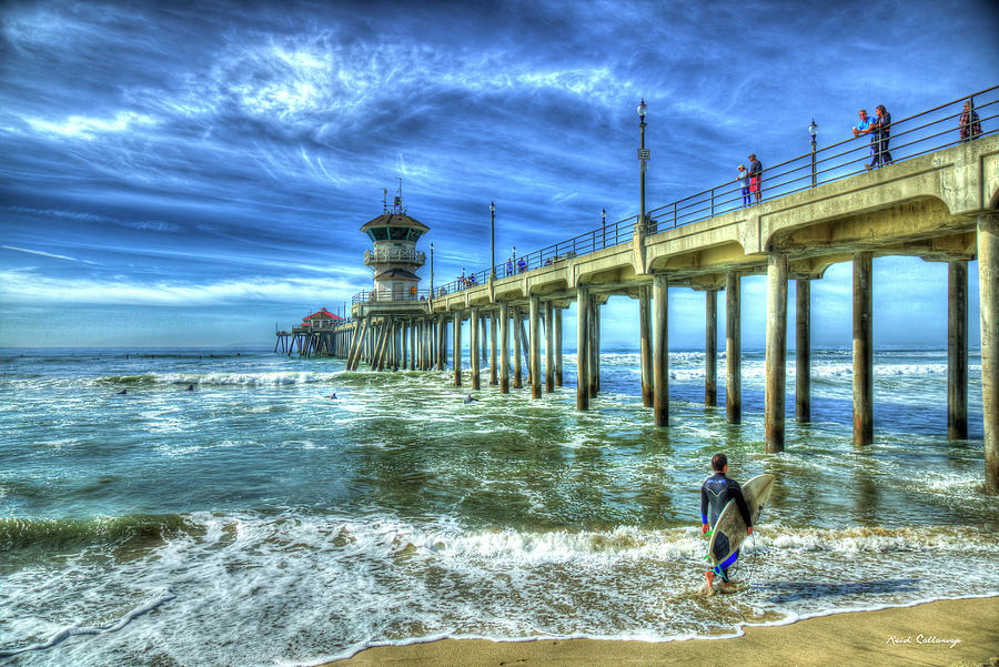 Office Art Decor Photograph - Huntington Beach CA Wintertime Surfing Huntington Beach Pier Surfing Seascape Art by Reid Callaway