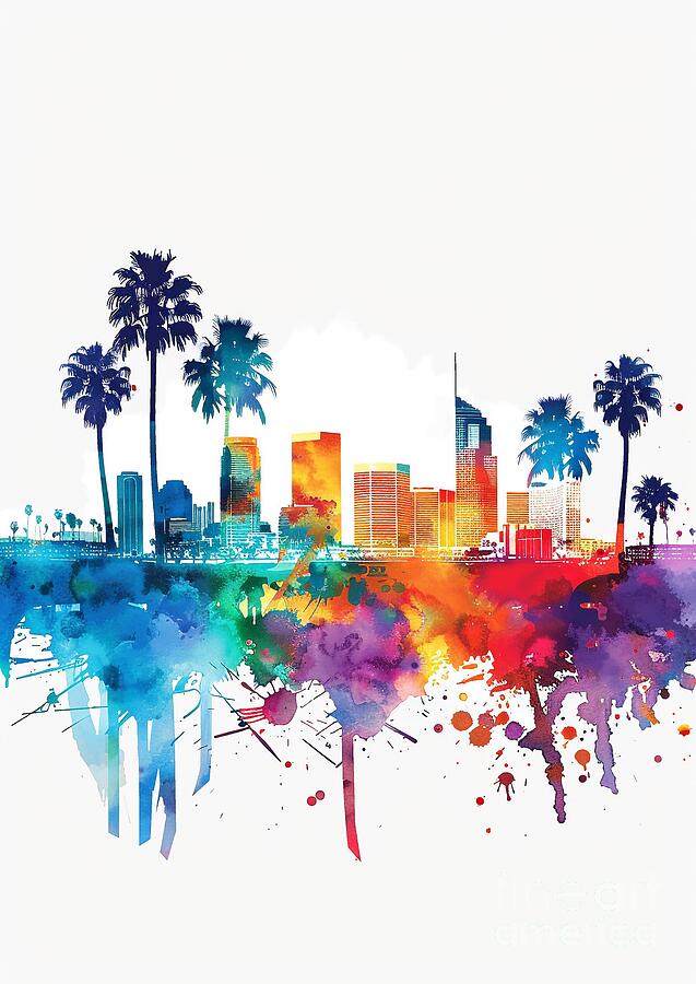 Abstract Design Painting - Huntington Beach California Skyline Colorful City Skyline Art by Clark Leffler