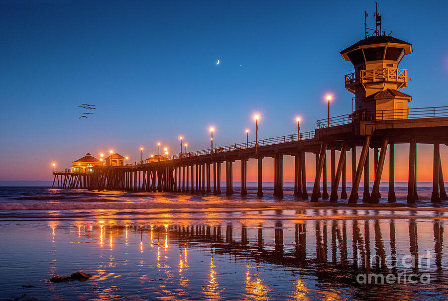 Huntington Beach Pier Lit at Night Photograph by David Zanzinger