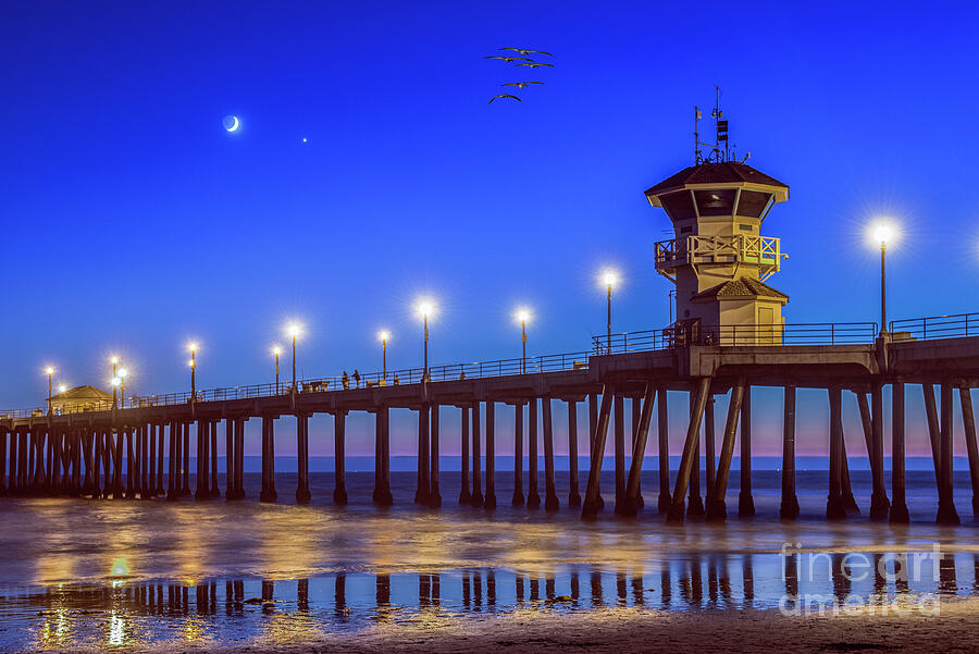 Huntington Beach Pier Night Moon  Photograph by David Zanzinger
