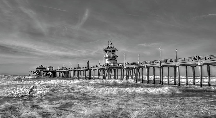 Huntington Beach Pier Panorama B W Southern California Seascape Surfing Art Photograph by Reid Callaway