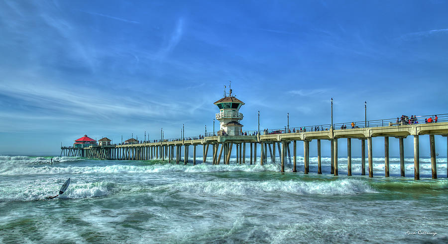 Huntington Beach Pier Panorama Southern California Seascape Surfing Art Photograph by Reid Callaway