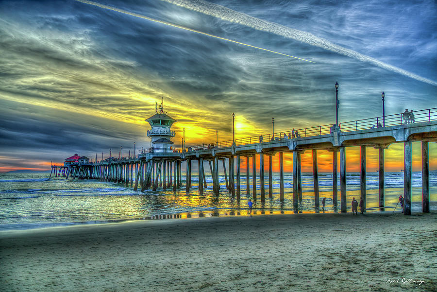 Huntington Beach CA Huntington Beach Pier Sunset Reflections Architectural Seascape Art Photograph by Reid Callaway