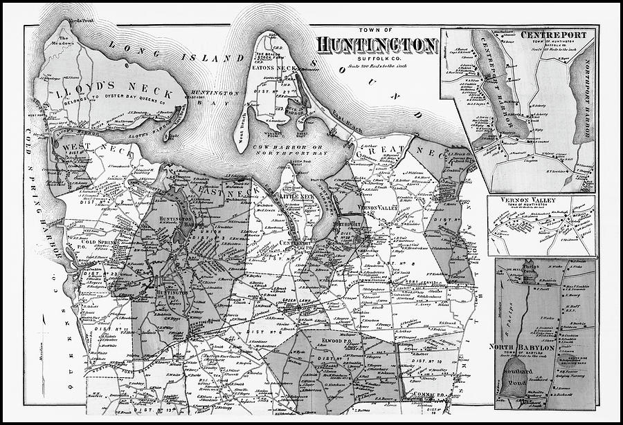New York Map Photograph - Huntington Long Island New York Vintage Map 1873 Black and White by Carol Japp
