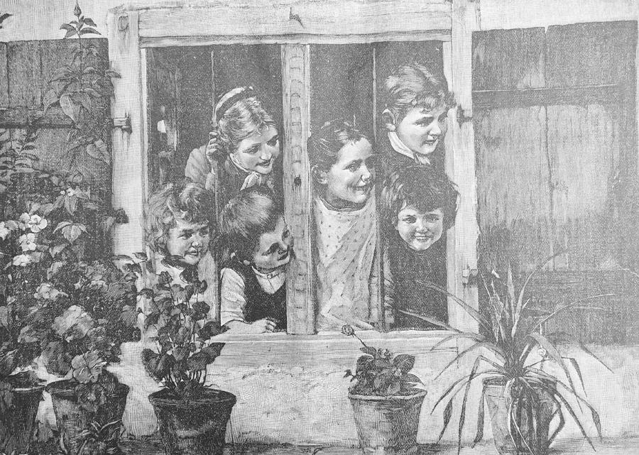 Hurra, sie kommen - Girls looking out the window for visitors Drawing by Clu