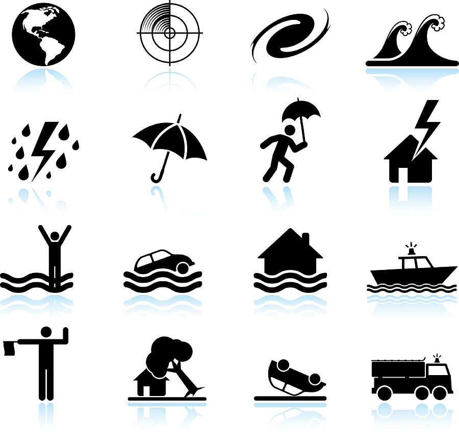 Hurricane and tropical storm black & white vector icon set Drawing by Bubaone