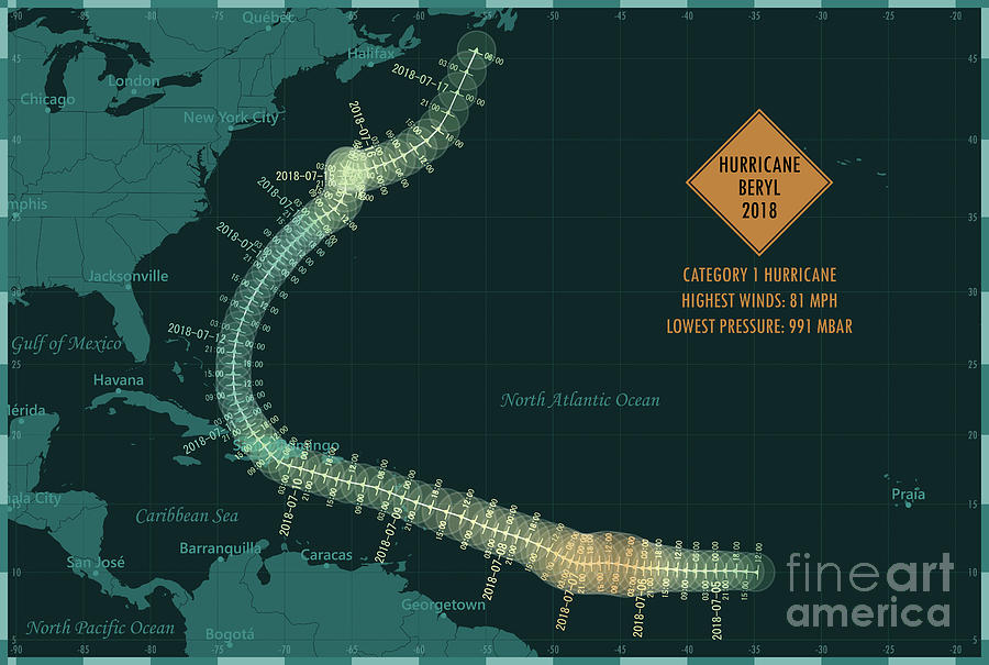 Map Digital Art - Hurricane Beryl 2018 Track North Atlantic Ocean Infographic by Frank Ramspott