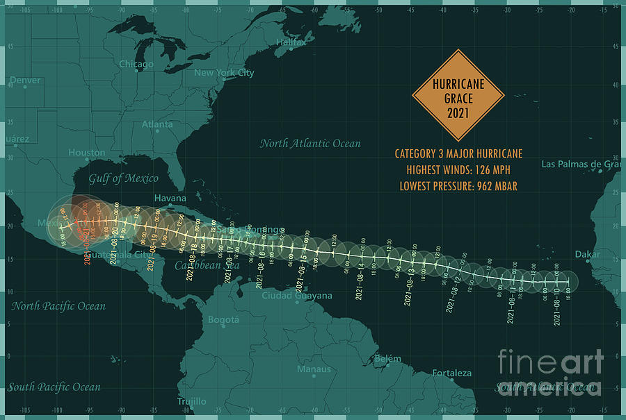 Hurricane Grace 2021 Track North Atlantic Ocean Infographic Digital Art ...