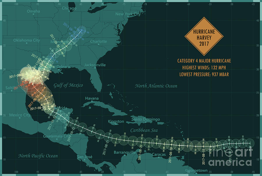 Map Digital Art - Hurricane Harvey 2017 Track Gulf Of Mexico Infographic by Frank Ramspott