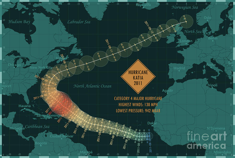 Hurricane Katia 2011 Track North Atlantic Ocean Infographic Digital Art ...