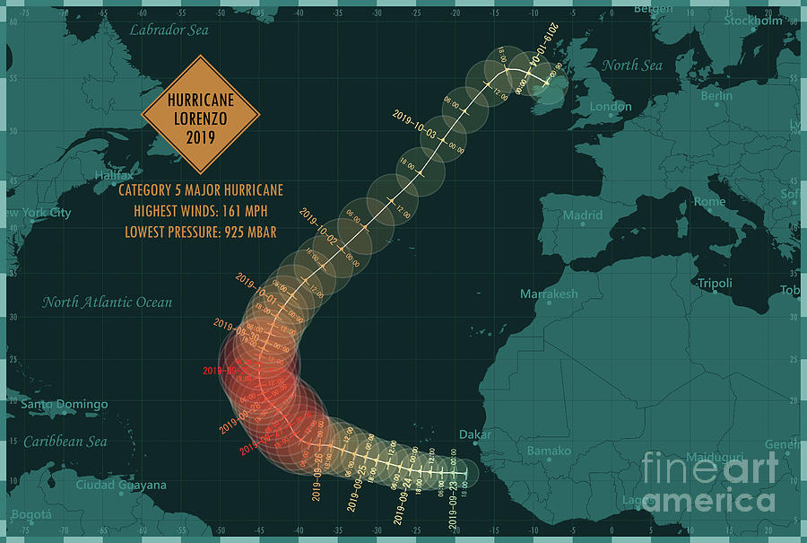 Map Digital Art - Hurricane Lorenzo 2019 Track North Atlantic Ocean Infographic by Frank Ramspott