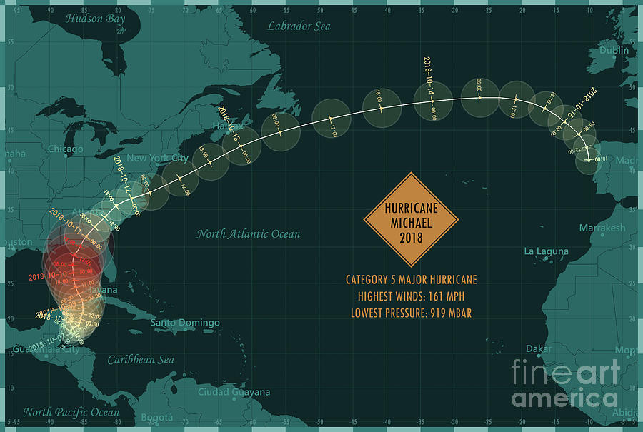 Map Digital Art - Hurricane Michael 2018 Track North Atlantic Ocean Infographic by Frank Ramspott