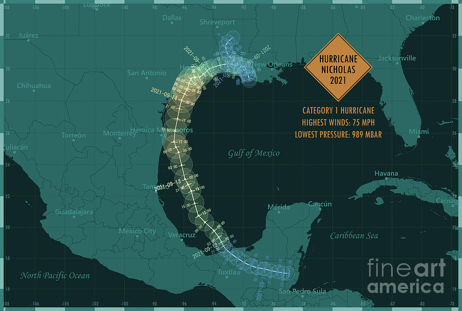 New Orleans Digital Art - Hurricane Nicholas 2021 Track North Atlantic Ocean Infographic by Frank Ramspott
