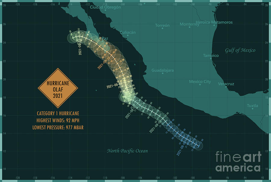 Map Digital Art - Hurricane Olaf 2021 Track Eastern Pacific Ocean Infographic by Frank Ramspott