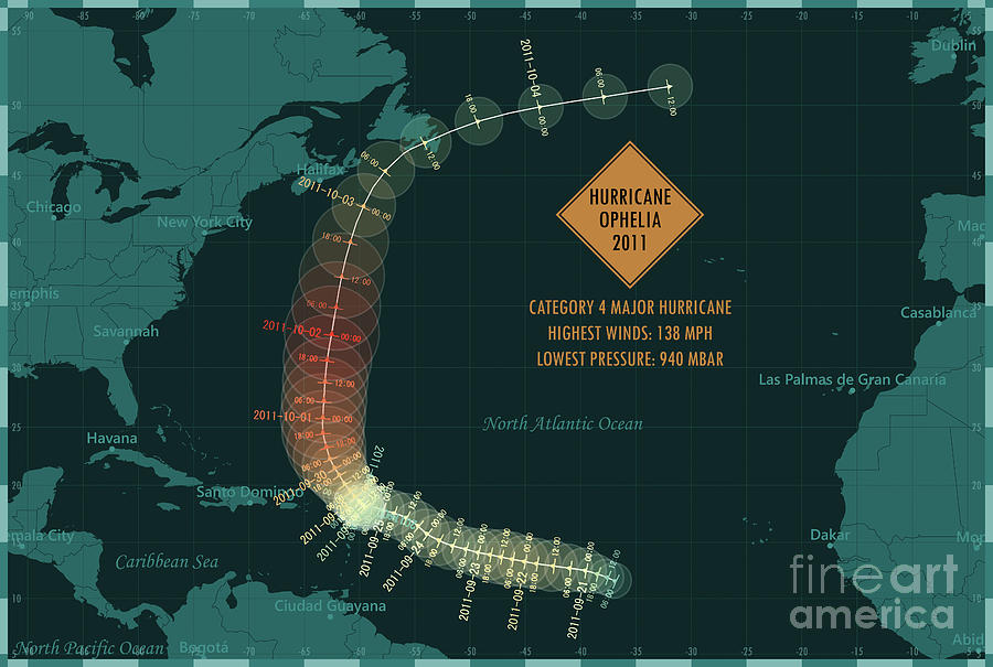 Hurricane Ophelia 2011 Track North Atlantic Ocean Infographic Digital ...