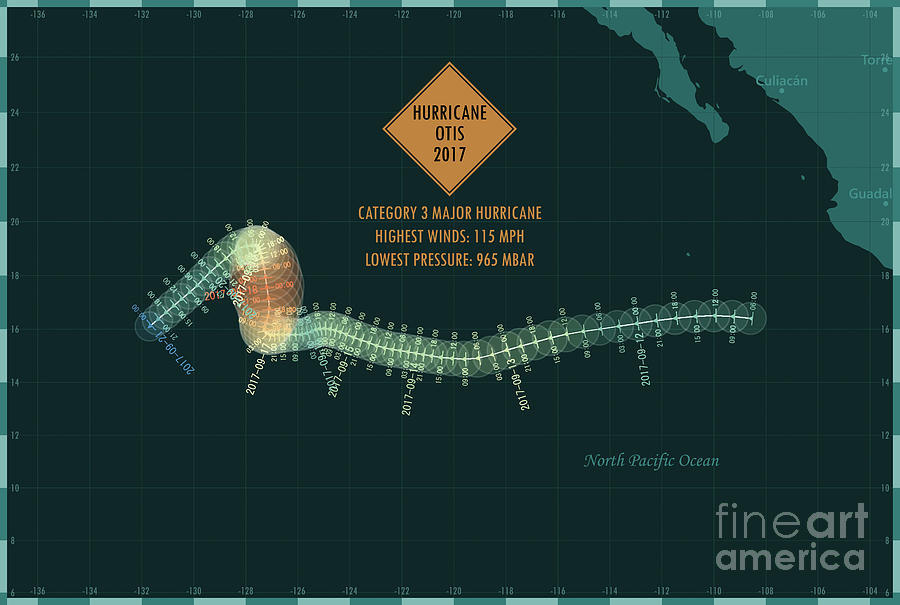 Hurricane Otis 2017 Track Eastern Pacific Ocean Infographic Digital Art