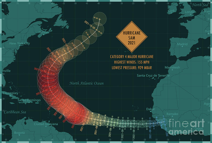 Map Digital Art - Hurricane Sam 2021 Track Map Atlantic Ocean Infographic by Frank Ramspott
