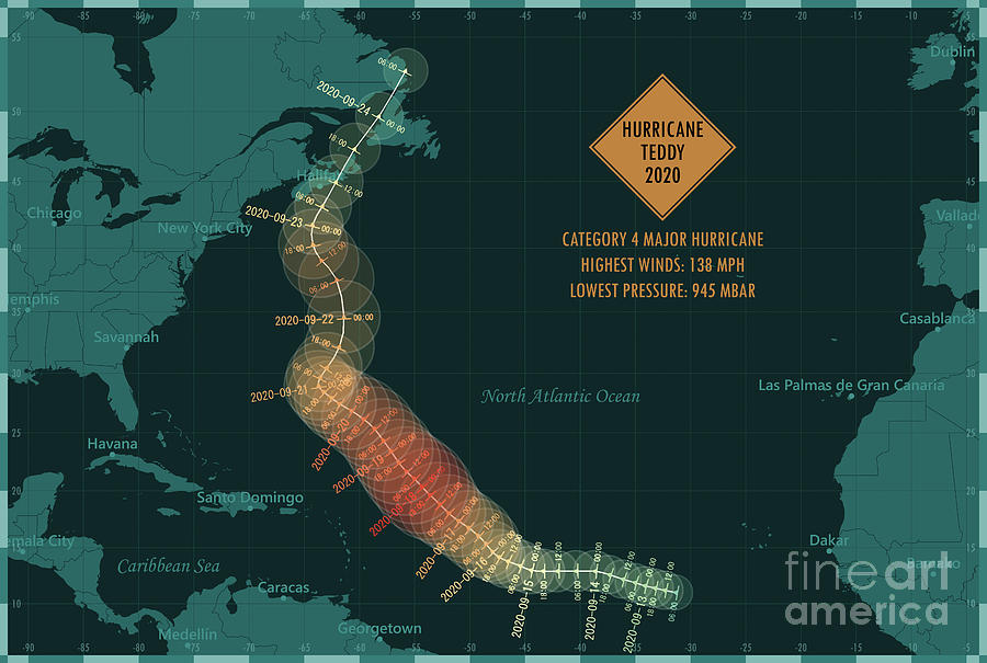 Hurricane Teddy 2020 Track North Atlantic Ocean Infographic Digital Art ...