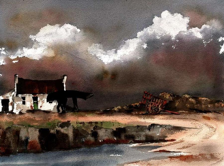 Storm Clouds over Erlak, Roundstone.. Painting by Val Byrne