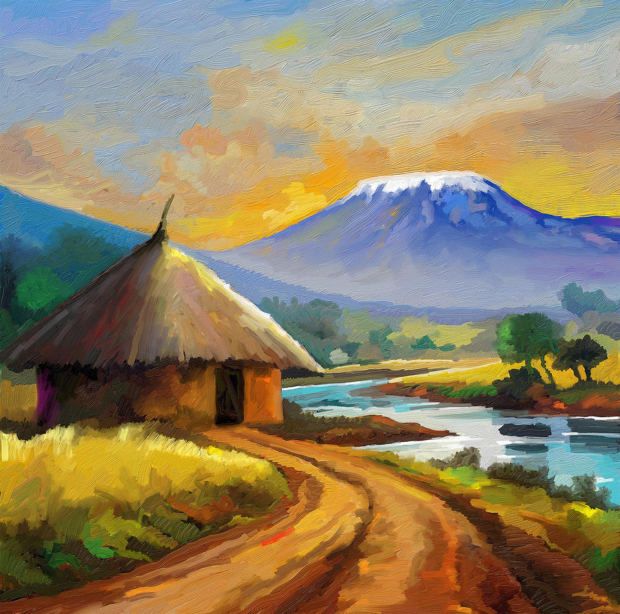 Tree Painting - Hut and Kilimanjaro by Anthony Mwangi