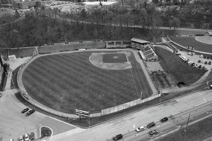 Hyames Baseball Field at Western Michigan University in black and white