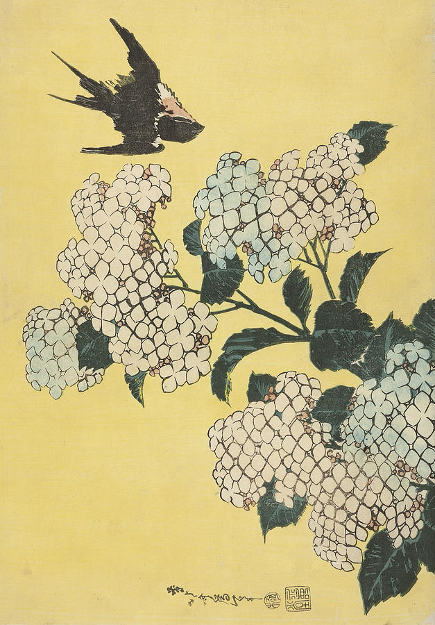 Hydrangea and Swallow, from an untitled series of large flowers Relief by Katsushika Hokusai